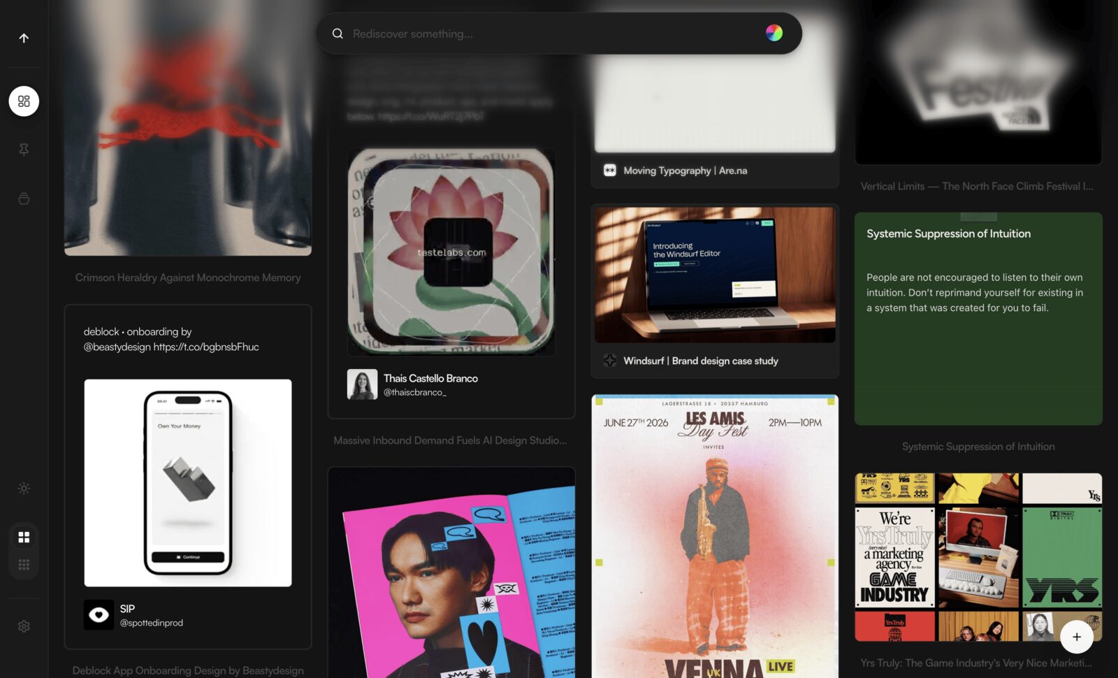 Trase moodboard showing saved images and links