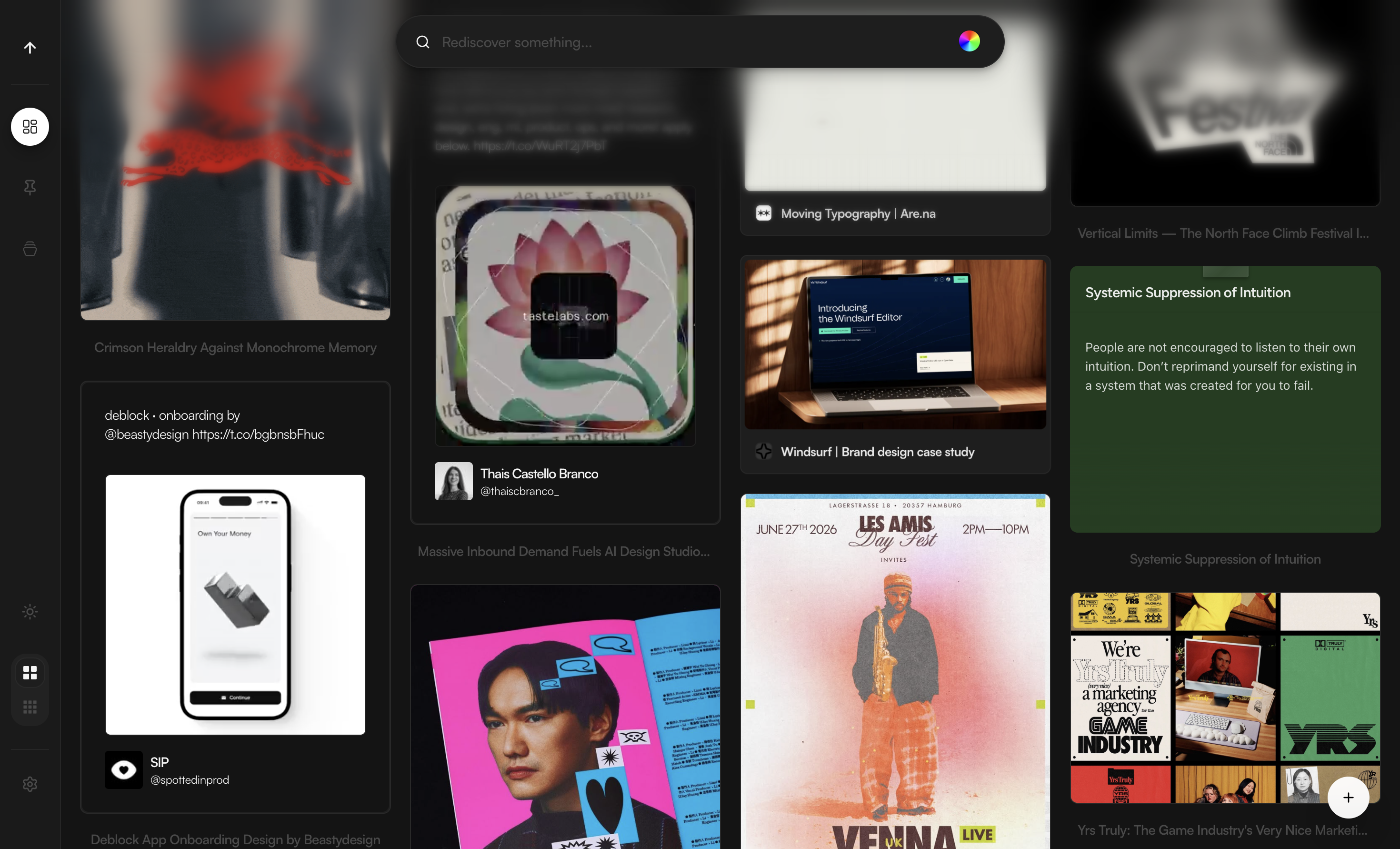 Trase moodboard showing saved images and links
